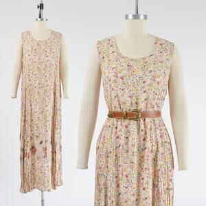 Vintage Cream Floral and Fruit Print Sleeveless Boho Maxi Dress M L